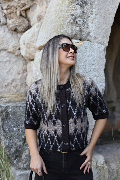 bytugcekaya Καφέ Πλεκτή Ζακέτα Στάνταρ Μέγεθος με Βακλαβά Υφή