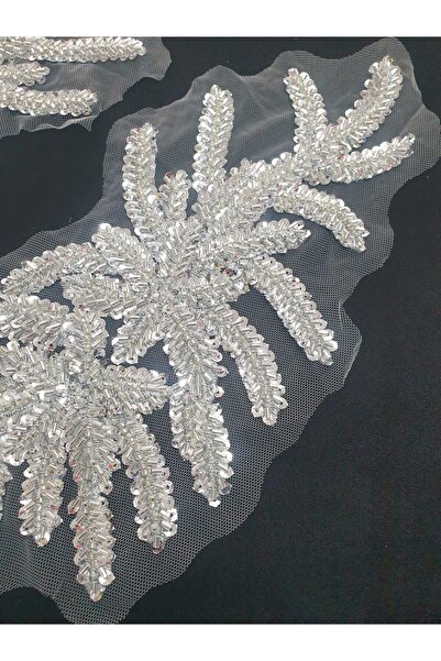 ESRA ŞELEM Silver Color Beaded Embroidery Applique Guipure Decorative Ribbon Accessory 2 Pieces