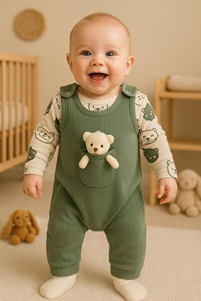 Baby Breeze Bebek 2'li Tulum Takımı Salopet Ayıcıklı Badi Ayıcıklı Pamuklu Un...