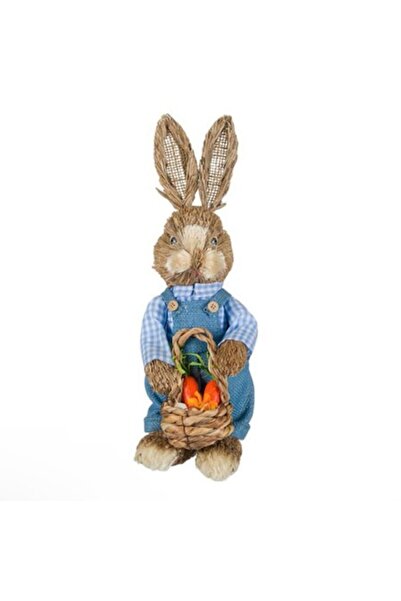OEM Figurină decorativă de Paște Iepuraș cu iarbă, salopetă albastră și coșul...