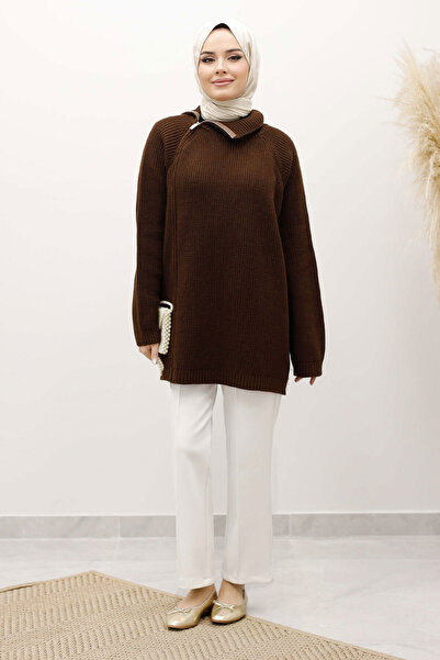 Tesettür Dünyası Zipper Detailed Knitwear Tunic Tsd250254 Brown