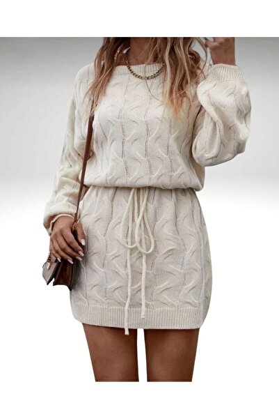 GNY TEXTİLE Sarma Patterned Lace-Like Knit Off-The-Shoulder Model Waist-Tied Knitwear Dress