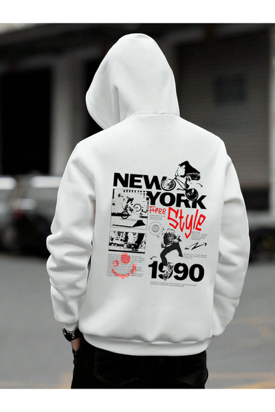 ELNOYA سويت شيرت مريح بأكمام طويلة مسطحة من نوع 'نيو يورك ستايل' باللون الأبي...