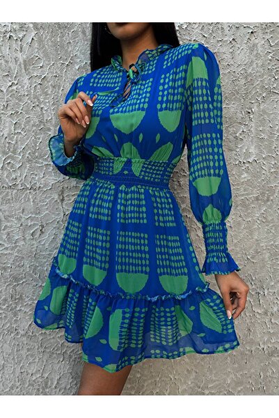 mass fashion Kadın Boyun Detaylı Kısa Şifon Elbise