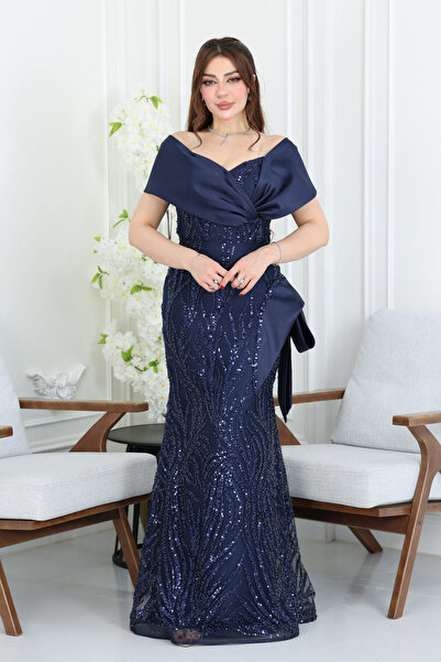 modern designer pleated embroidered evening dress