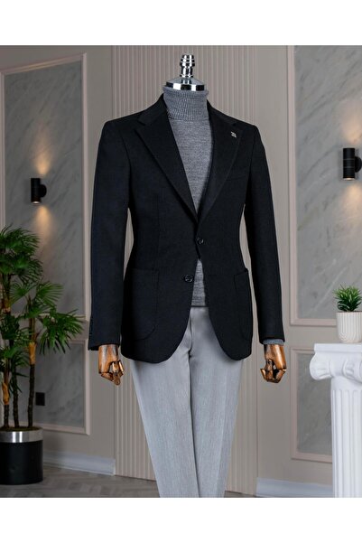 TerziAdemAltun Italian Style S Slim Fit Mono Collar Men's Single Jacket Black T14799