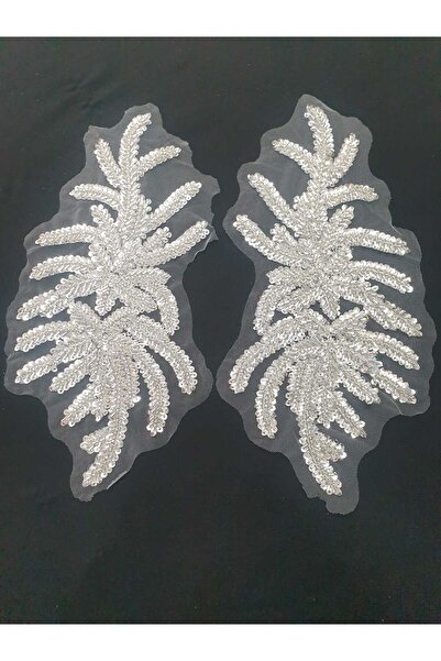 ESRA ŞELEM Silver Color Beaded Embroidery Applique Guipure Decorative Ribbon Accessory 2 Pieces