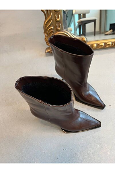 cevaplus Bitter Coffee Leather Pointed Toe Women's Heeled Boots