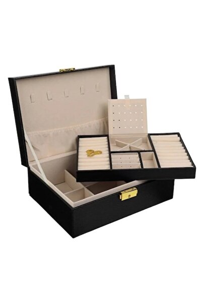 OEM Velvet Black Jewelry Organizer Box, 2-Level with Lock, 23x17x9 cm