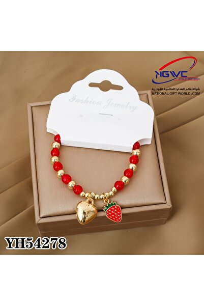 KAZUKO Red and gold beaded bracelet with a heart and strawberry pendant.