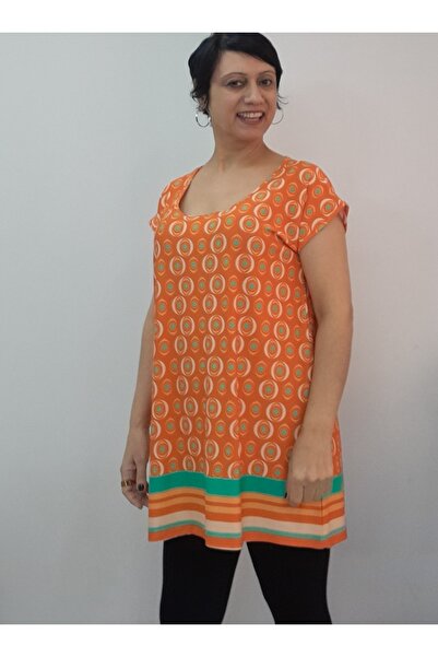 Mertcan Butik Low-Sleeve Combed Viscose T-Shirt with Orange-Green Pattern All over the Size