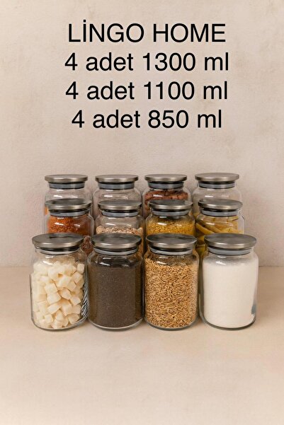 LİNGO HOME 12 Pieces 3 Different Large Size Vacuum Metal Lid Jars - Storage Container Set -1300-1100-850 ml