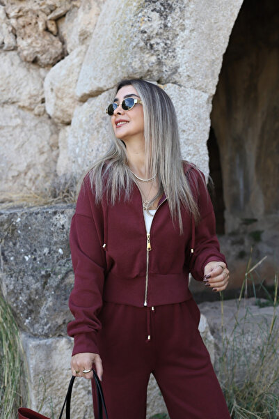 bytugcekaya Burgundy Hooded Knitwear Set