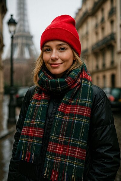 FELLMENS Green Plaid Patterned Boucle Women's Scarf and Beanie Set of 2