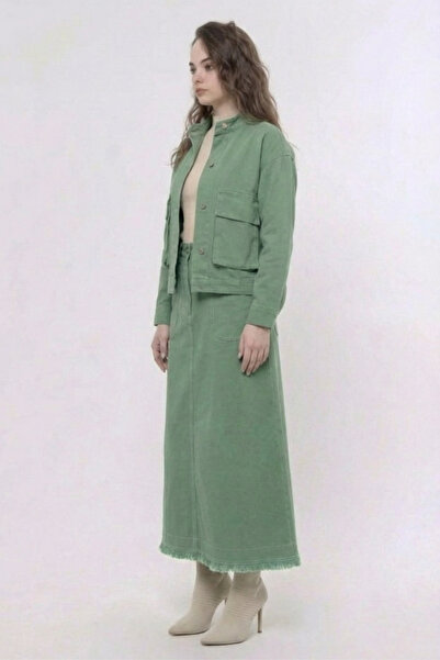 Atölye Güven Women's Green Tasseled Gabardine Jacket Skirt Two-Piece Set