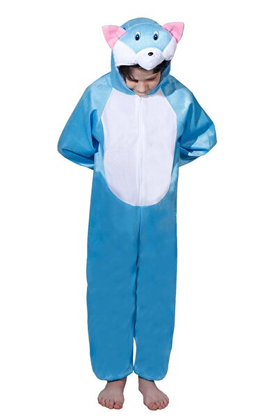 Toybox Kids Blue Cat Costume Jumpsuit with Hood, Animal Fancy Dress, Party Outfit, Size M(4-5 Years)