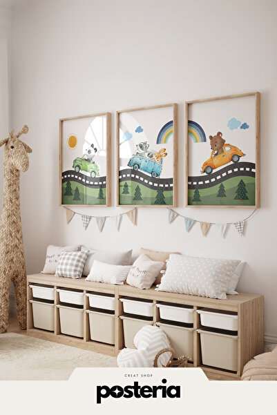Posteria 3'lü Sevimli dostlar yolculuk Tablo Seti, Çocuk Odası Dekoru