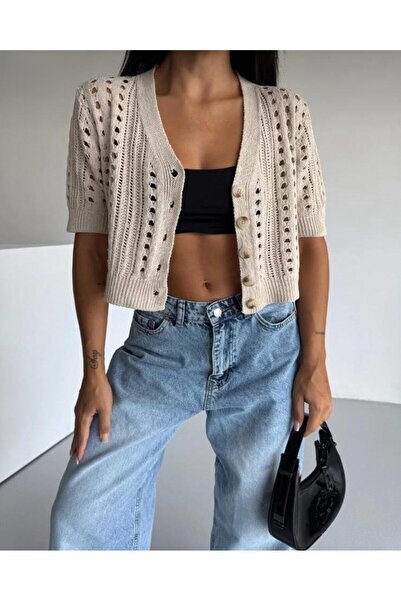 GNY TEXTİLE Lace-Like Knit Pattern Short Sleeve Button Detail 100% Cotton Crop Cardigan