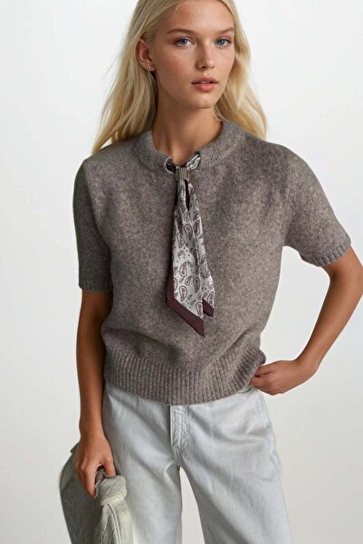 Maxi modena Scarf Detail Half Sleeve Beige Knitwear Blouse