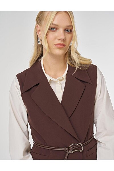 Kayra Leather Threaded Belt with Detail Ye Vest Set Current Dark Brown 16054