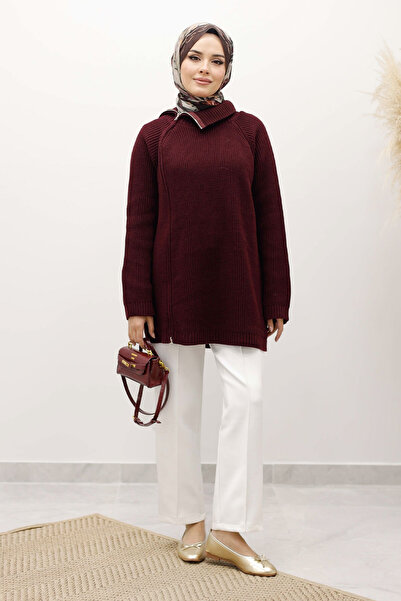 Tesettür Dünyası Zipper Detailed Knitwear Tunic Tsd250254 Claret Red