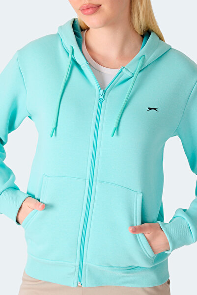 Slazenger Milio I Women's Zippered Hooded Pocket Turquoise Sweatshirt