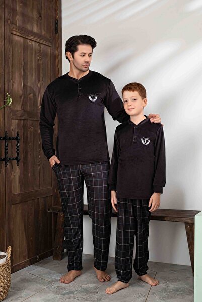 Tarık Men's Black Plaid and Square Pattern Long Sleeve Father-Son Velvet Fabric Winter Warm Pajama Set