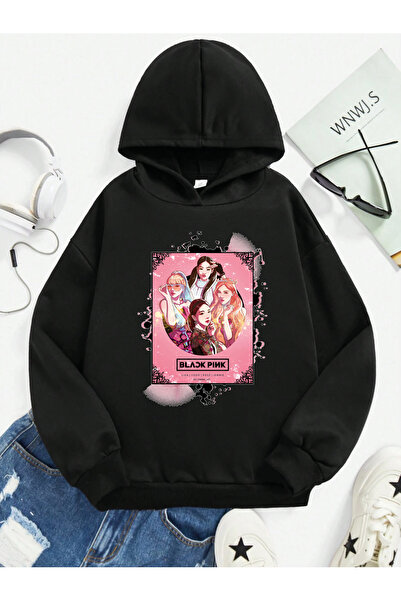 SVART WEAR Hanorac pentru copii cu buzunar cangur, imprimat Blackpink, 100% b...