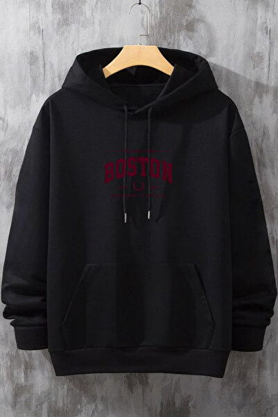 EydaMoon Unisex Winter Boston Printed Cotton Hooded Kangaroo Pocket Sweatshirt