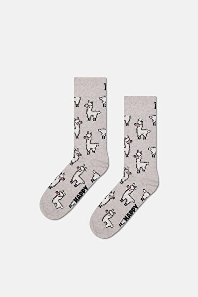 Happy Socks Erkek Gri Lama Desenli Pamuklu Çorap