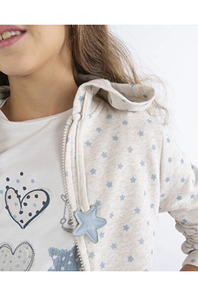 Kyex Girl's Sky Blue Star Patterned Hooded Zippered Soft Inside Sh Fleece-Lined Sweatshirt Cardigan