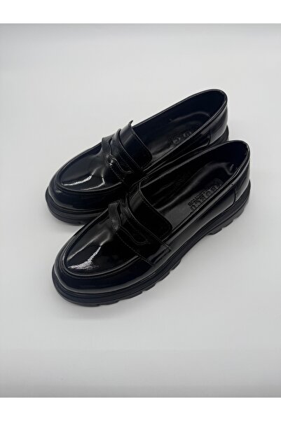BURCU COLLECTİON Aden Thick Sole Black Patent Leather Loafer