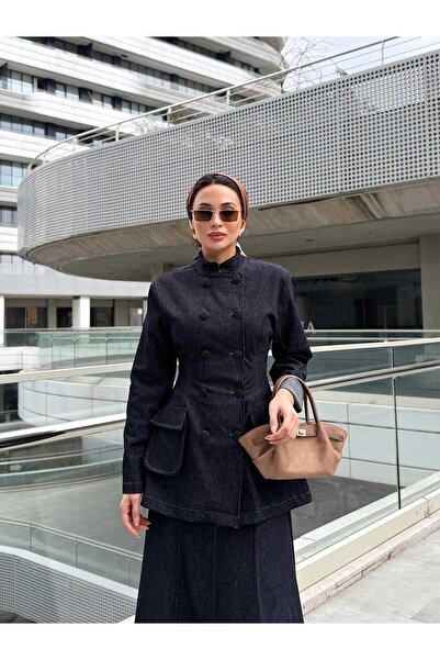 Julidress Dark Navy Button Detailed Blazer Jacket and Maxi Long Skirt Bottom Top Premium Denim Set