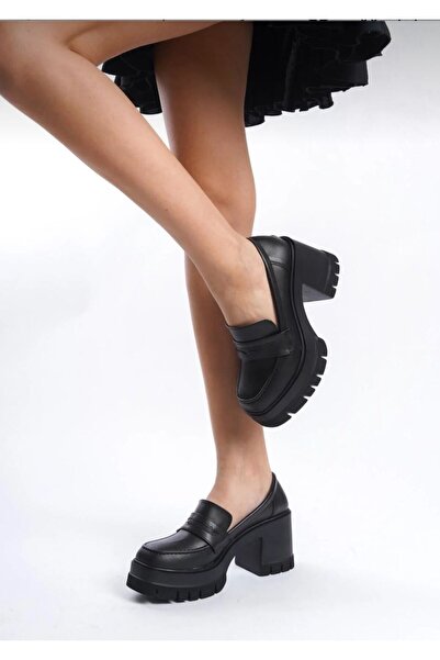 dabab shoes Loftia Women's Black Leather Chunky Heeled Loafer