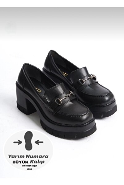 dabab shoes Chonora Women's Black Leather Chain Detailed Thick Sole Heeled Loafer