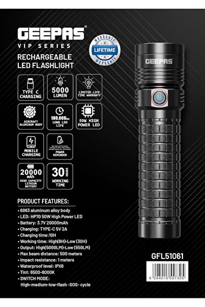 Geepas GFL51061 Rechargeable LED Flashlight - Hyper Bright Cool White, Portable High Beam Torch
