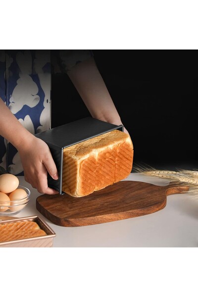 Flippy Bread Loaf Pan, Carbon Steel, 450 g, Sliding Lid, Non-stick, 21 x 11 x 11.5 cm, Black