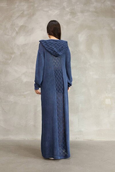 AYASOFYA OTANTIK Women's Navy Blue Hooded Back Embroidery Detailed Buttoned Vintage Loose Cotton Knitwear Long Cardigan Cap