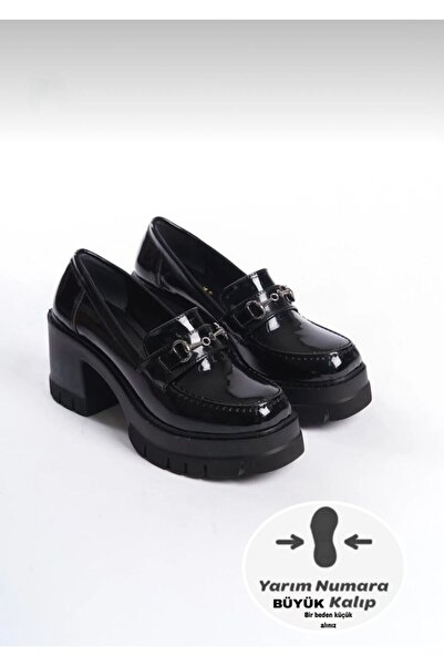 dabab shoes Chonora Women's Black Patent Leather Chain Detailed Thick Sole Heeled Loafer