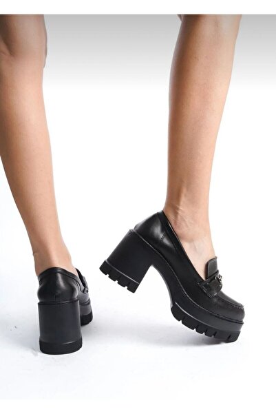 dabab shoes Chonora Women's Black Leather Chain Detailed Thick Sole Heeled Loafer