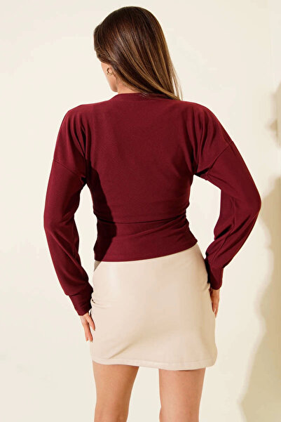 ZENGEZUR MALL Sptrns Corded Fabric Crew Neck Double Blouse Burgundy T4341 (231643) (Size: m)