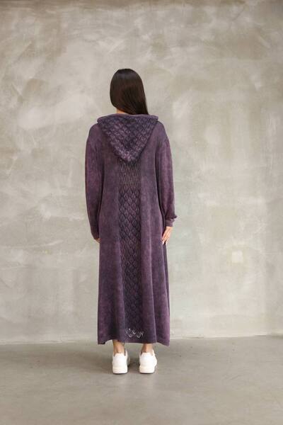 AYASOFYA OTANTIK Women's Purple Hooded Back Embroidery Detailed Buttoned Vintage Loose Cotton Knitwear Long Cardigan Cap