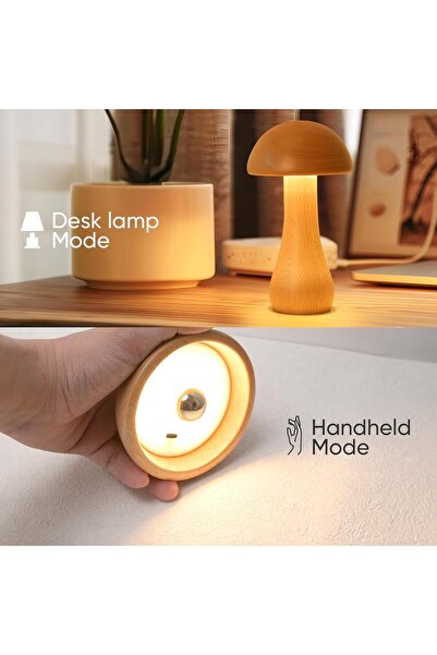 NALACAL Mini Wooden Mushroom Cordless Rechargeable Table Lamp (Touch, Dimmable, 360°)