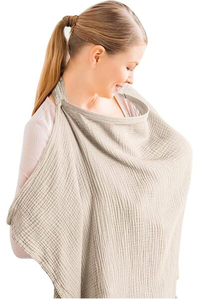 Generic Muslin Nursing Cover - 100% Cotton, Breathable, Adjustable Neck Strap, 360° Coverage (Khaki)