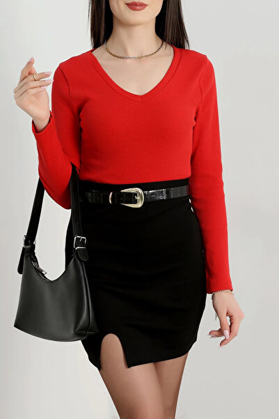 ZENGEZUR MALL Sptrns V-Neck Ribbed Knit Blouse Red A3699 (215436) (Size: S)