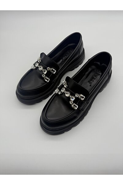 BURCU COLLECTİON Amaya Black Loafer with Thick Sole and Stone Accessory Detail