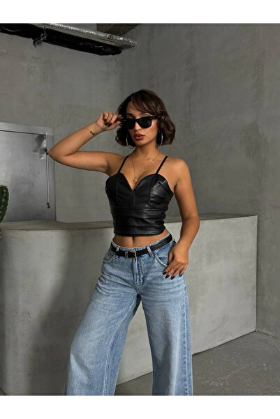 ZENGEZUR MALL Sptrns Rope Strap Side Zipper Rastale Leather Crop Black S24113 (202403) (Size: S)