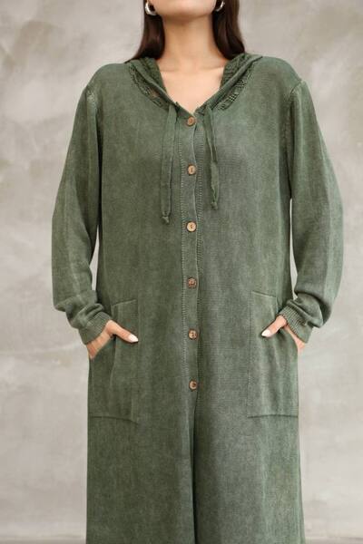 AYASOFYA OTANTIK Women's Khaki Hooded Back Embroidery Detailed Buttoned Vintage Loose Cotton Knitwear Long Cardigan Cap