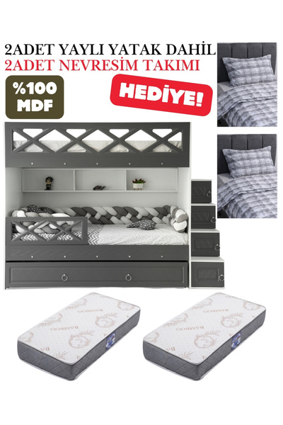 miracool Mars Ranza / %100 MDF / 2 Adet Bambo Yaylı Yatak / 2 Adet Nevresim T...