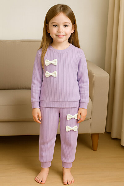 minikiss Bow Detailed Cotton Tracksuit Top and Bottom Girl's Two-Piece Set